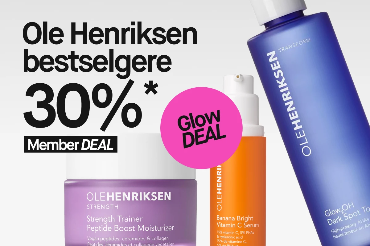 Kampanjebilde med hudpleieprodukter fra Ole Henriksen mot lys bakgrunn. Teksten “Ole Henriksen bestselgere 30%* Member DEAL” vises til venstre. Til høyre vises en blå flaske merket “OLEHENRIKSEN Transform”, foran den en oransje flaske “Banana Bright Vitamin C Serum” og bak en lilla krukke “Strength Trainer Peptide Boost Moisturizer”. En rosa sirkel med teksten “Glow DEAL” vises over produktene.