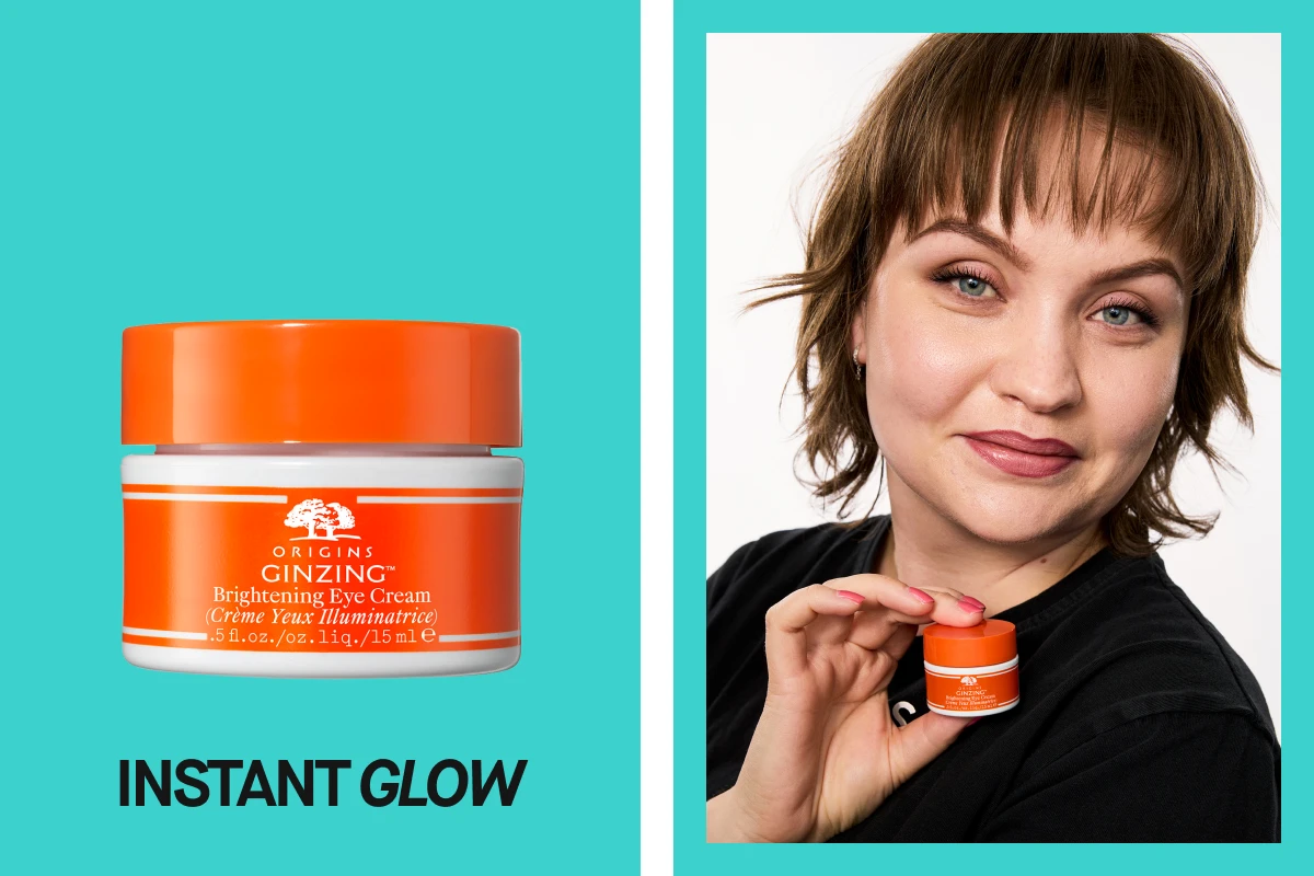 Kuva Origins GinZing Brightening Eye Cream -silmänympärysvoiteesta ja henkilöstä, joka pitää voidetta kädessään. Teksti "INSTANT GLOW".