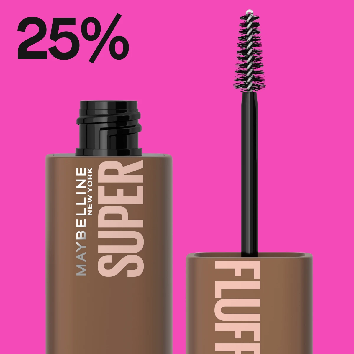 Maybelline Super Fluff mascara med brun kropp og svart børste, mot en rosa bakgrunn med teksten "25%" i svart.