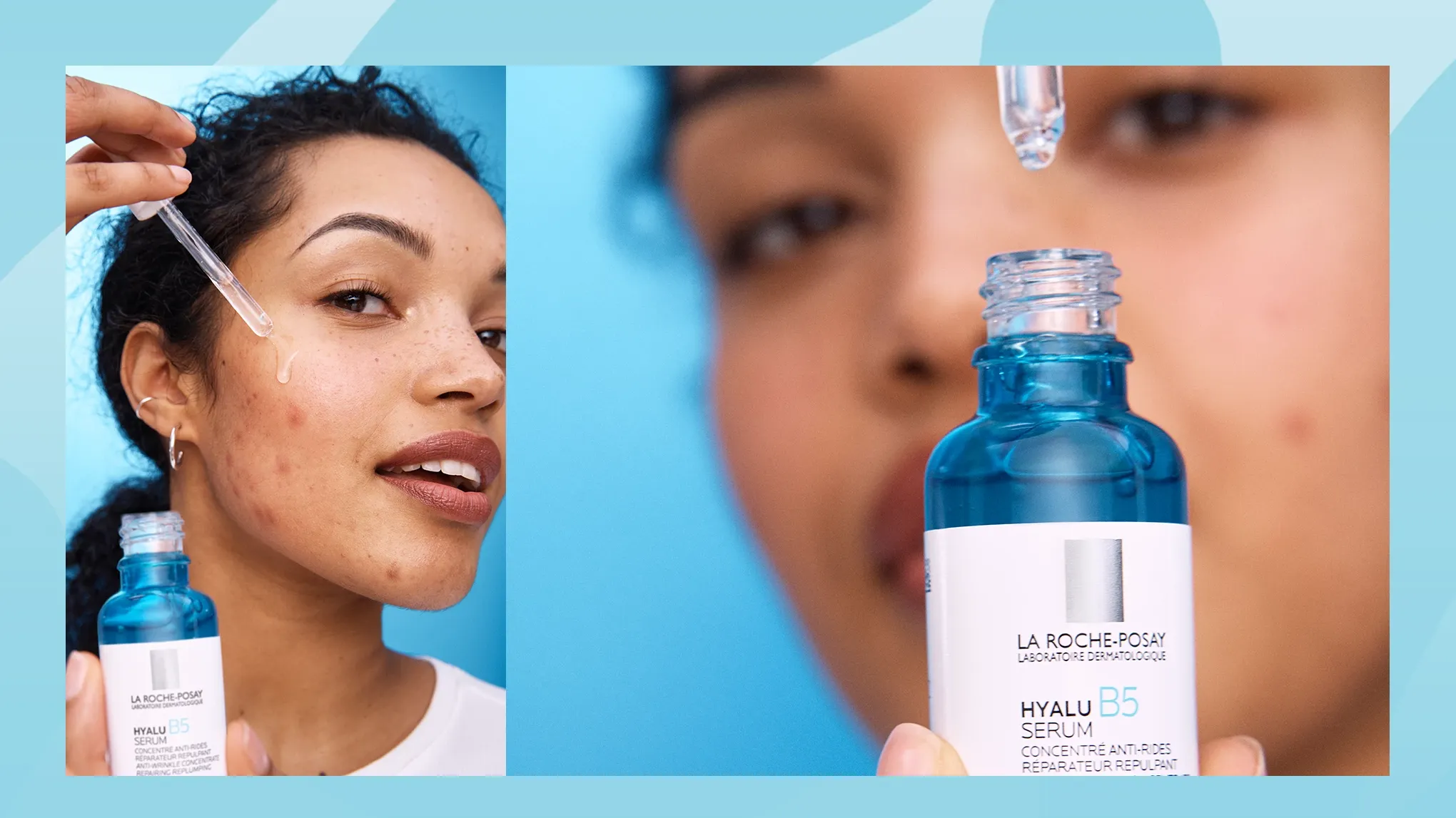 En kvinna visar upp ett serum från La Roche-Posay mot en blå bakgrund.