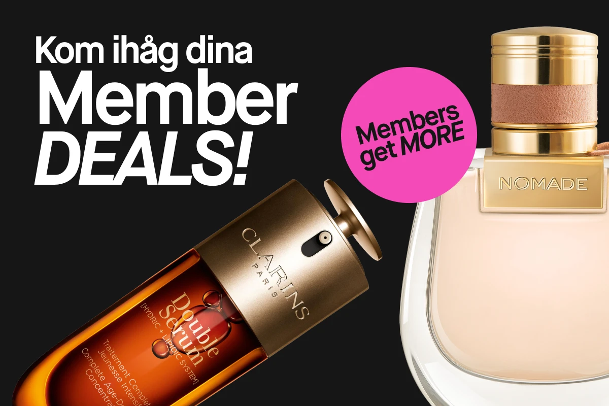 KICKS Club-kampanj mot svart bakgrund med två produkter: Clarins Double Serum i glasflaska med guldlock och Chloé Nomade parfymflaska i ljust glas med gulddetaljer och läderrem. Synlig text i bilden är ”KICKS CLUB”, ”25% Member Deal” samt en rosa cirkel med texten ”Members get MORE”.