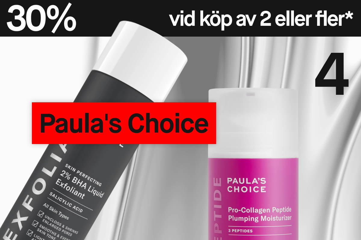 Reklambild med 30 % rabatt vid köp av två Paula’s Choice-produkter. Visar en svart flaska Skin Perfecting 2% BHA Liquid Exfoliant och en rosa flaska Pro-Collagen Peptide Plumping Moisturizer mot silverfärgad bakgrund.