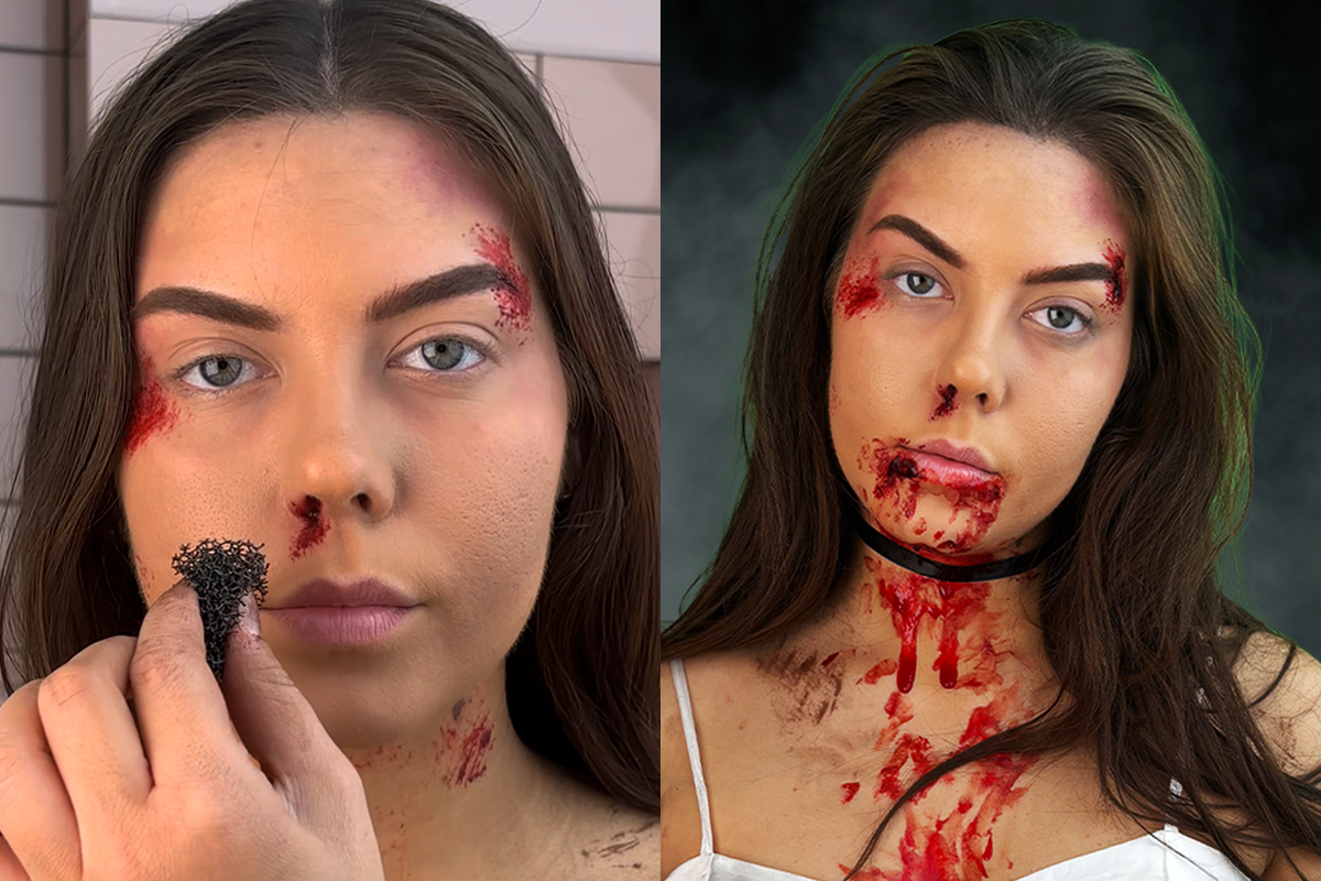 Kaksi kuvaa vierekkäin, joissa Isabella levittää teatteriverta hiusrajaan, nenään, suuhun ja kaulaan, ja vieressä näkyy lopputulos.