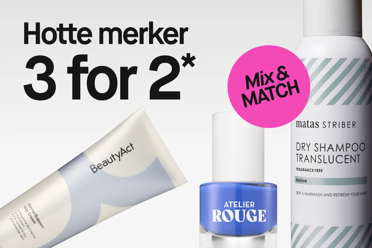 Kampanjegrafikk med teksten “Hete brands 3 for 2*” og en rosa sirkel med “Mix & Match”, ved siden av BeautyAct BarrierSupport Day Cream, Atelier Rouge neglelakk og Matas Striber Dry Shampoo.