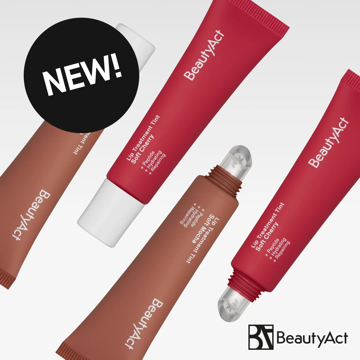 BeautyAct läpprodukter i nya heta nyanser, inklusive Lip Treatment Tint Soft Mocha och Soft Cherry. Nyhet