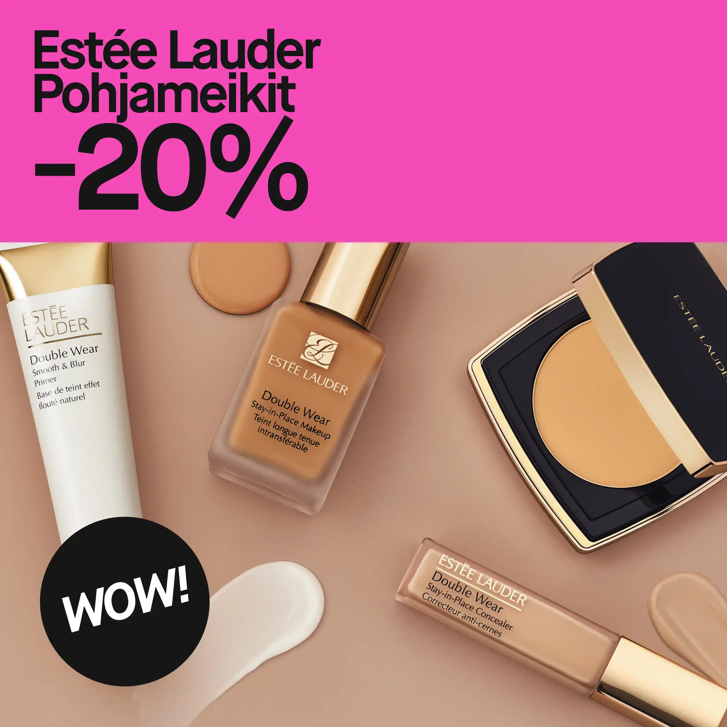 Mainos, jossa lukee "Estée Lauder Pohjameikit -20%" vaaleanpunaisella taustalla. Kuvassa Estée Lauder Double Wear -meikkituotteita.
