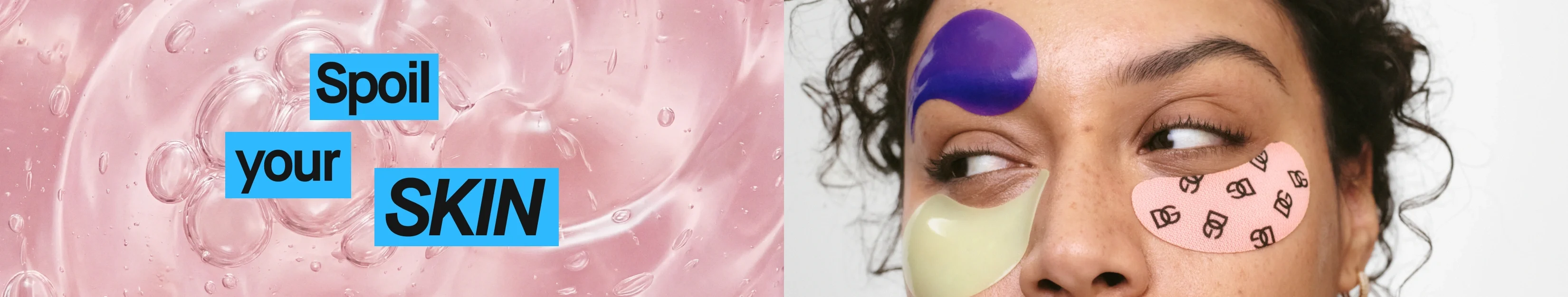 Rosa gel med bubblor som visar serum- eller hudvårdstextur bredvid en person med flera färgade ansiktsmasker applicerade på huden. Texten "Spoil your SKIN" visas i blå rutor.