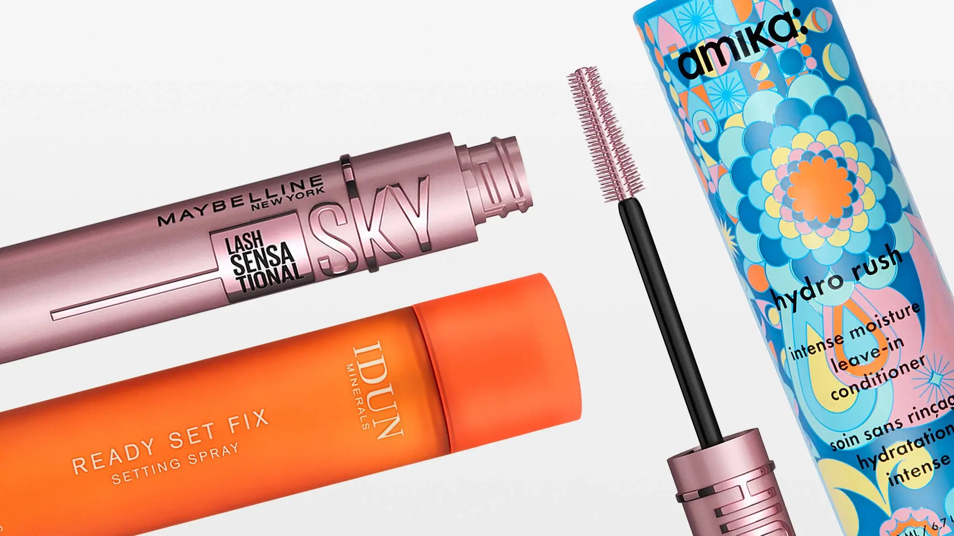 Maybelline Sky High -ripsiväri, IDUN Minerals Ready Set Fix -kiinnityssuihke ja Amika Hydro Rush -hoitoaine.