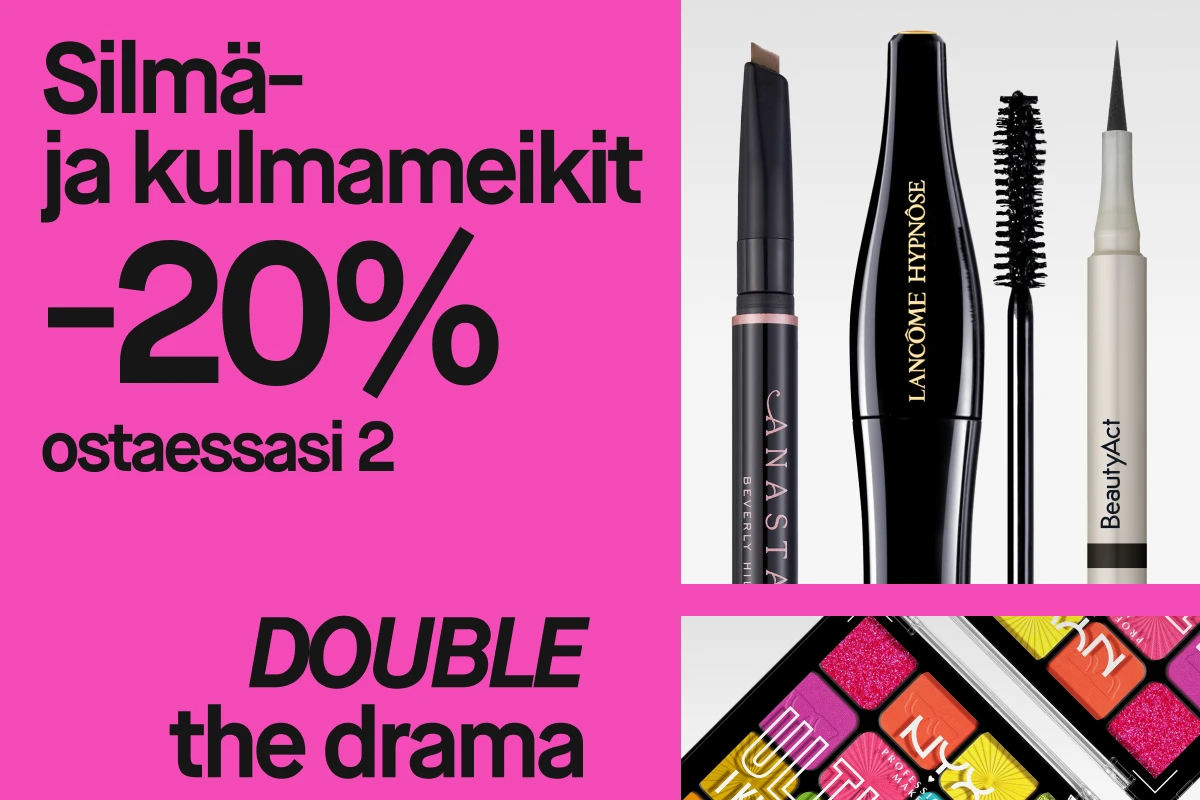 Anastasia, Lancôme ja BeautyAct silmä- ja kulmatuotteet, vaaleanpunaisella taustalla, jossa lukee "Silmät & kulmat 20% kahden ostoksesta" ja "DOUBLE the drama".