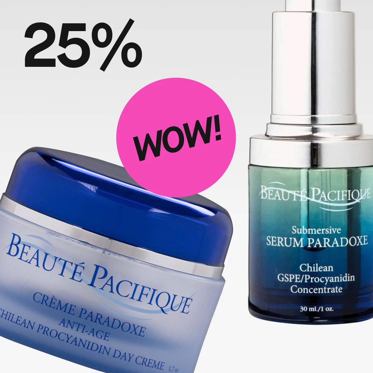  Et bilde som viser to produkter fra Beauté Pacifique. Til venstre er det en blå krukke med Crème Paradoxe Anti-Age Chilean Procyanidin Day Creme. Til høyre er det en flaske med Submersive Serum Paradoxe Chilean GSPE/Procyanidin Concentrate. Teksten "25%" og "WOW!" vises på bildet, noe som indikerer at produktene er på tilbud med 25% rabatt.