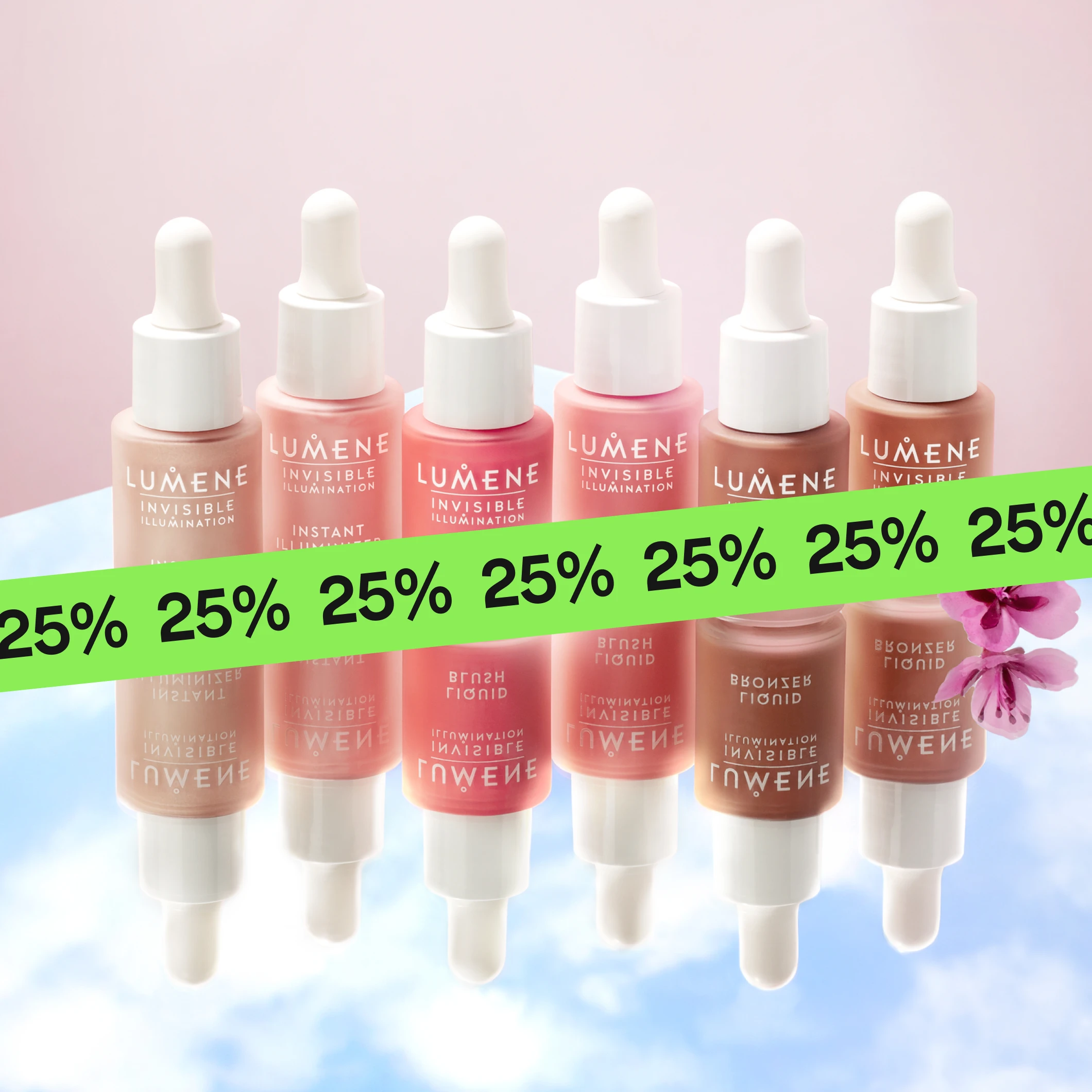 Nærbilde av Lumene “Invisible Illumination” flytende makeup i ulike nyanser med tekst som “Liquid Blush” og “Liquid Bronzer”, med refleksjon under produktene og en grønn “25%”-banner over bildet.