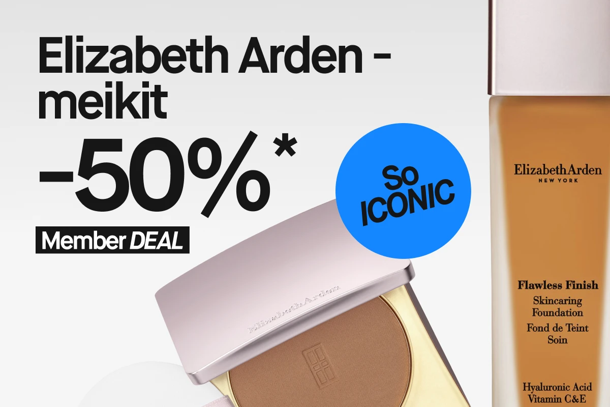Leveä kampanjakuva Elizabeth Arden -meikkituotteista vaalealla taustalla. Kuvassa näkyy avoin puuterikotelo, purkki Ceramide Lift and Firm Cream Makeup SPF 15 PA++ sekä Flawless Finish Skincaring Foundation -meikkivoidepullo. Kuvassa on teksti ”Elizabeth Arden makeup 50%* Member DEAL” ja sininen ympyrä tekstillä ”SO ICONIC”.
