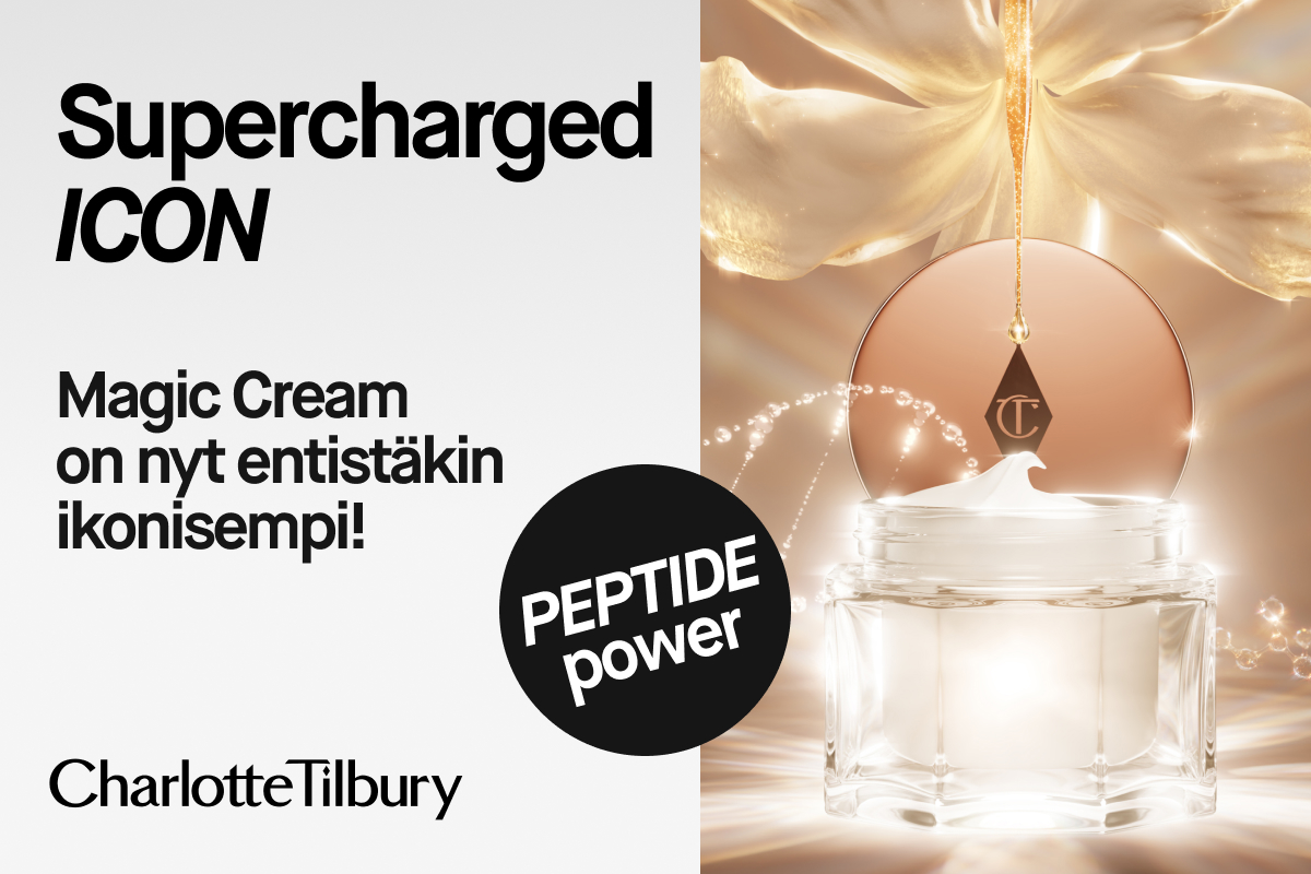 Charlotte Tilbury Magic Cream -kampanjakuva. Voidepurkki kultaisessa valossa, ylhäältä tippuu kultainen pisara. Teksti: ”Supercharged ICON”, ”Magic Cream on nyt entistäkin ikonisempi!” ja ”Peptide power”.