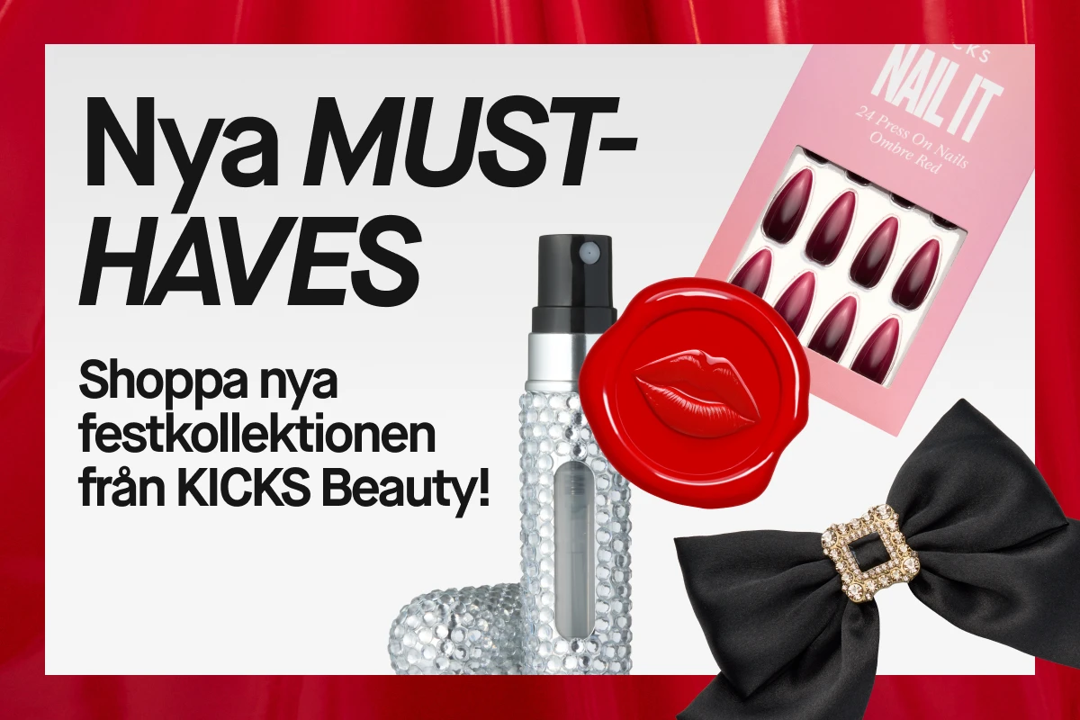 KICKS Beauty-reklam som visar nya produkter från festkollektionen, inklusive press-on naglar, parfymflaska, rött sigill och svart rosett.