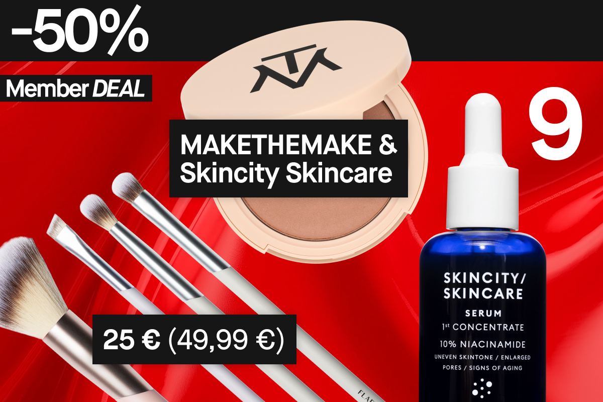 50 % alennus näistä kolmesta MAKETHEMAKE & Skincity Skincare-tuotteesta jäsenille: meikkisiveltimet, puuteri ja seerumi.