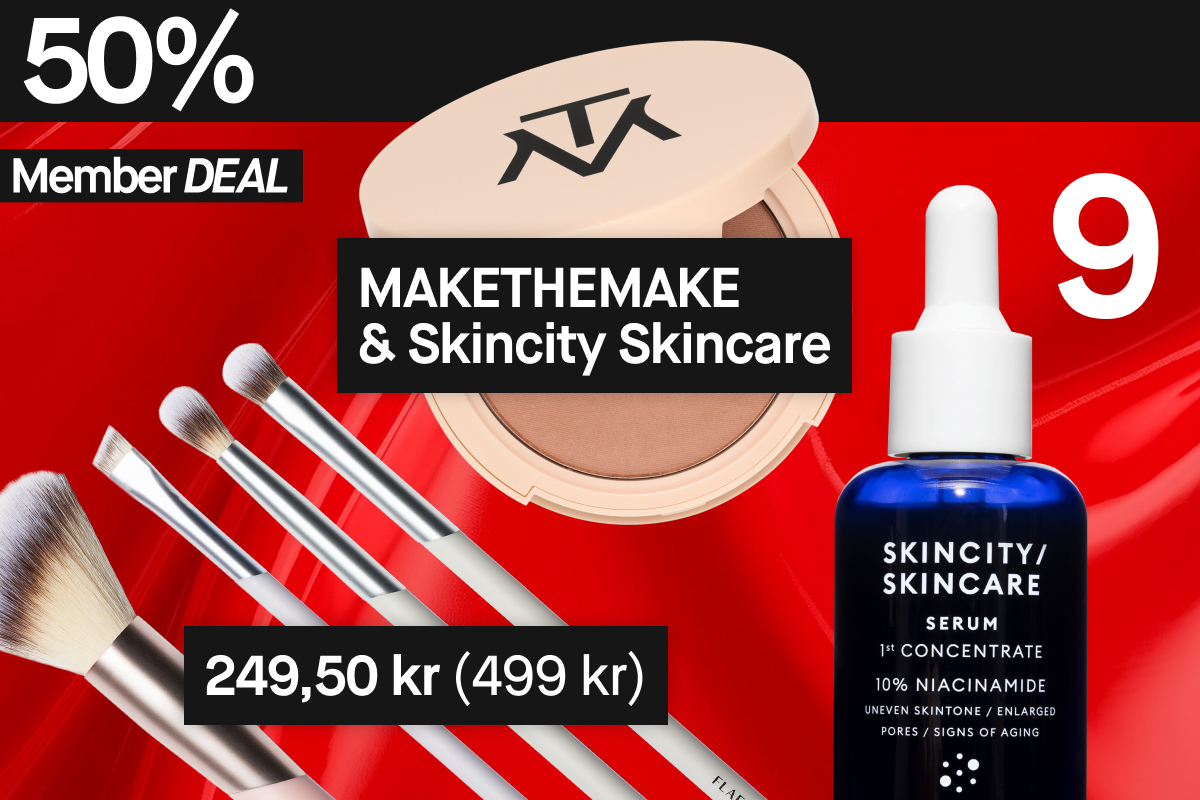 50 % rabatt på disse tre MAKETHEMAKE & Skincity Skincare-produktene for medlemmer: sminkebørster, pudder og serum.