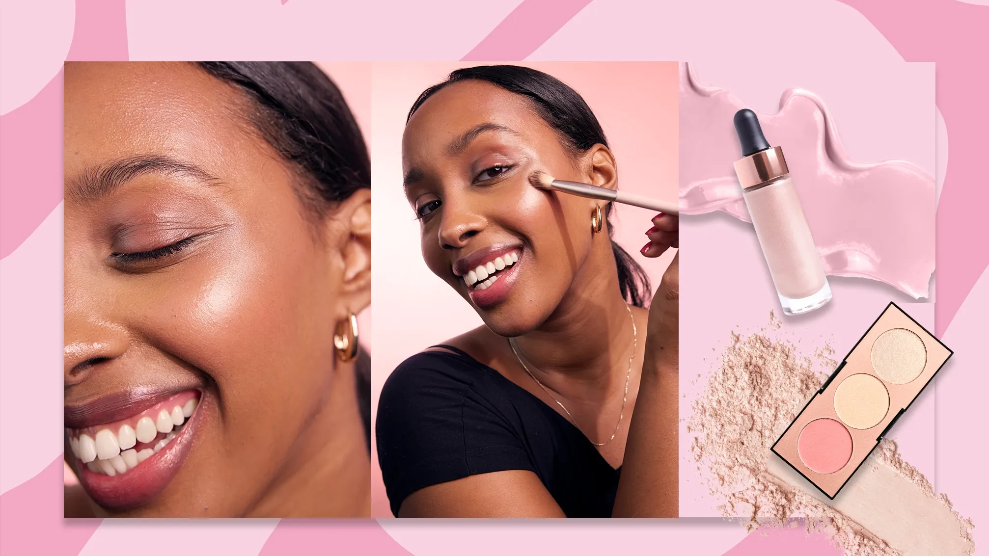 Kvinna som applicerar highlighter med sminkborste, med närbild på glow och makeup-produkter i bakgrunden.