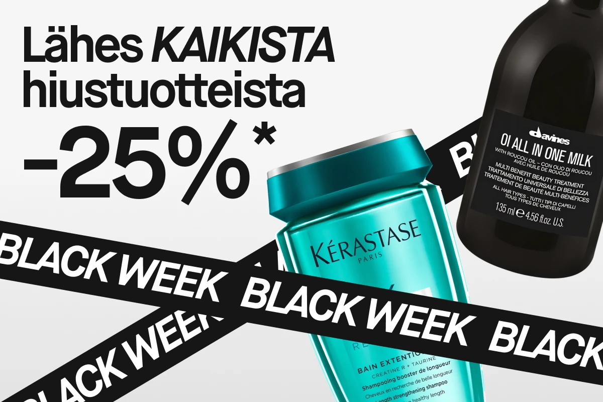 Kaikki hiustuotteet 25 % alennuksella jäsenille Black Weekin aikana. Kuvassa näkyy Kérastase ja Davines hiustuotteita.