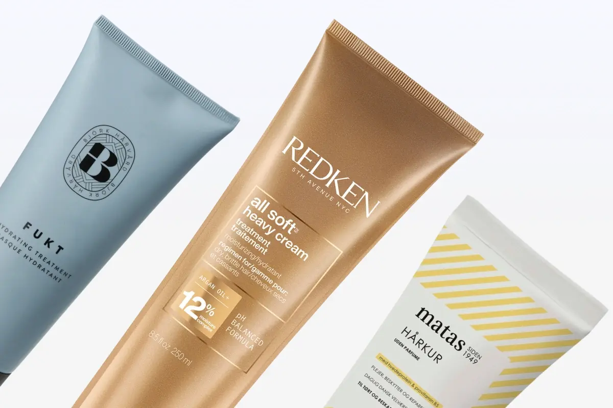 Tre hårvårdstuber: Björk & Harvard FUKT, Redken All Soft Heavy Cream och Matas Hårkur.