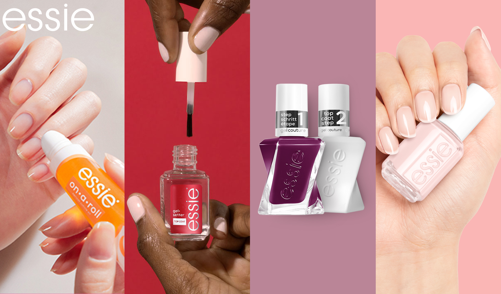 Flera nagelvårdsprodukter från Essie placerade mot olika färgade bakgrunder. Texten "essie" syns längst upp till vänster.