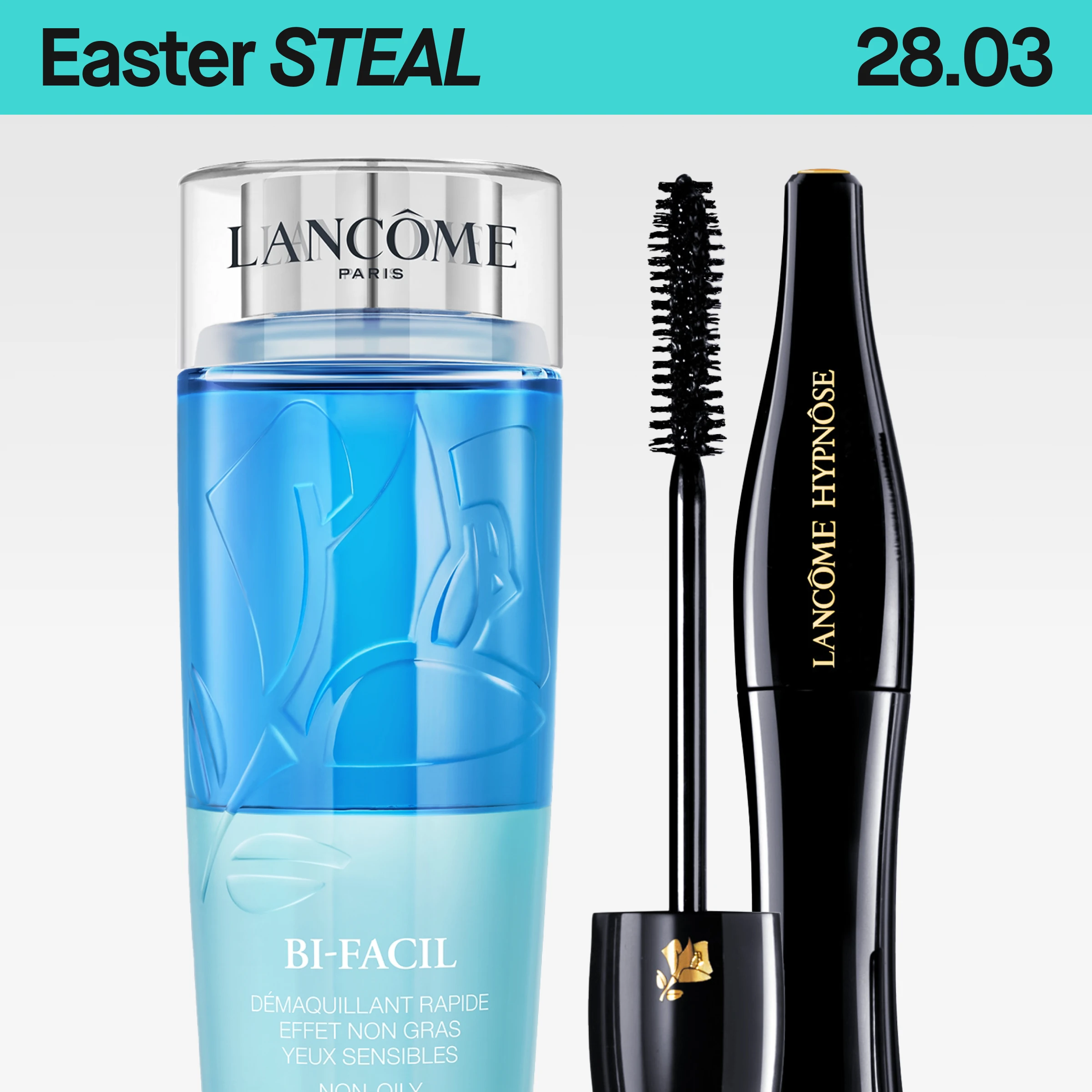 Produktbilde med Lancôme Bi-Facil øyesminkefjerner i blå gjennomsiktig flaske med sølvlokk og Lancôme Hypnôse mascara med separat børste mot lys bakgrunn.