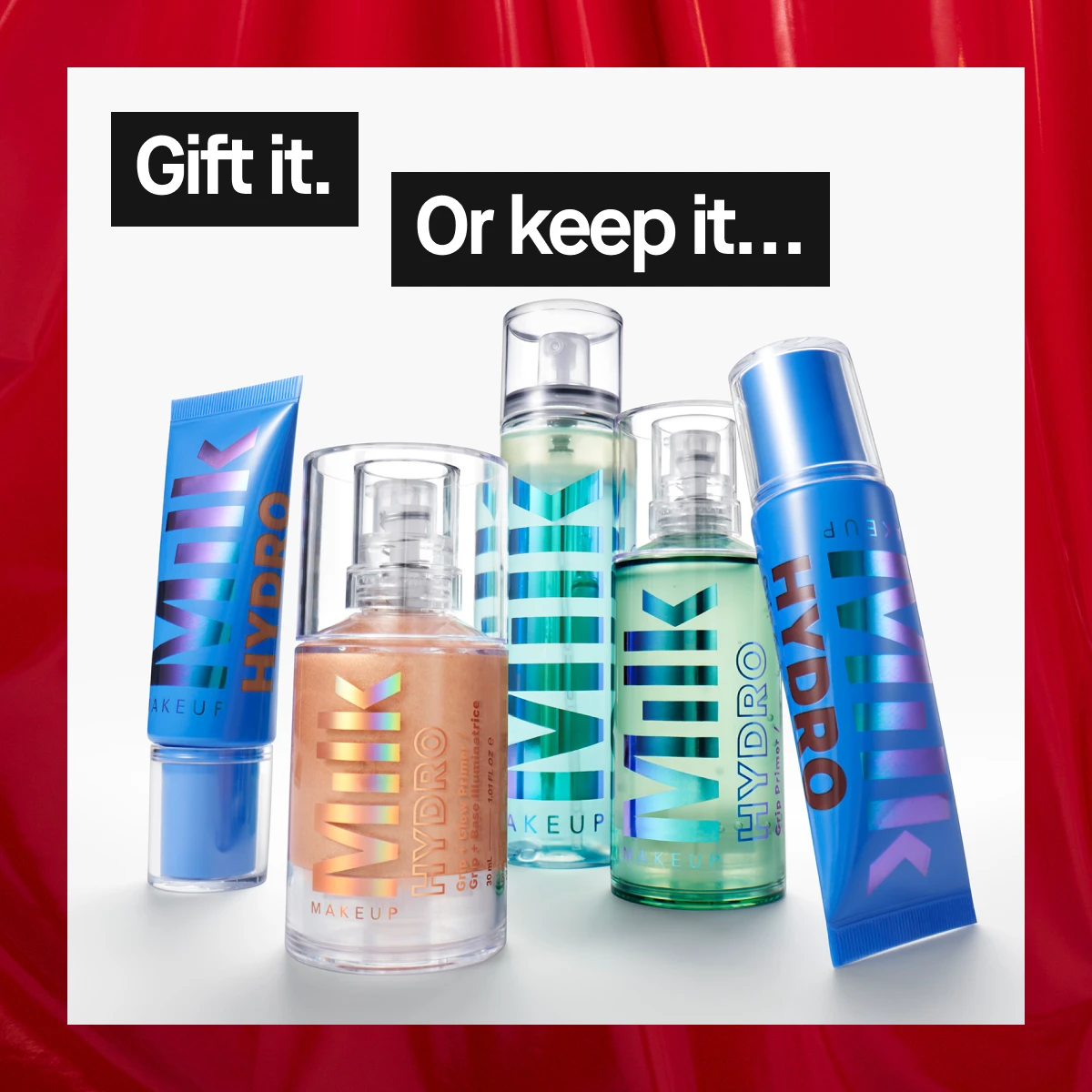 Bilde som viser fem Milk Makeup produkter. Bakgrunnen er hvit.