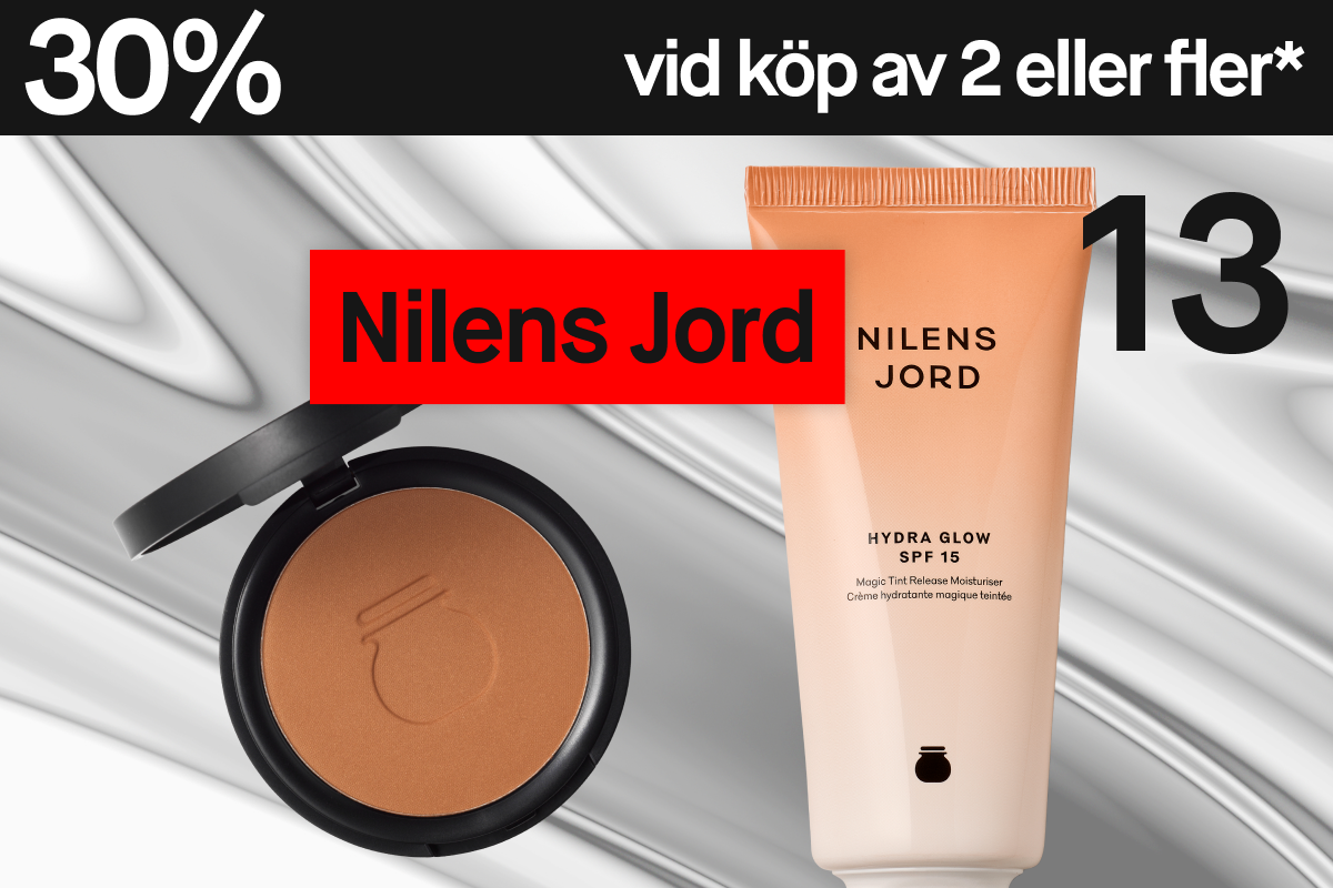 Två makeup-produkter från Nilens Jord – Hydra Glow SPF 15 och bronzer – visas mot silvergrå bakgrund med “30% vid köp av 2”.