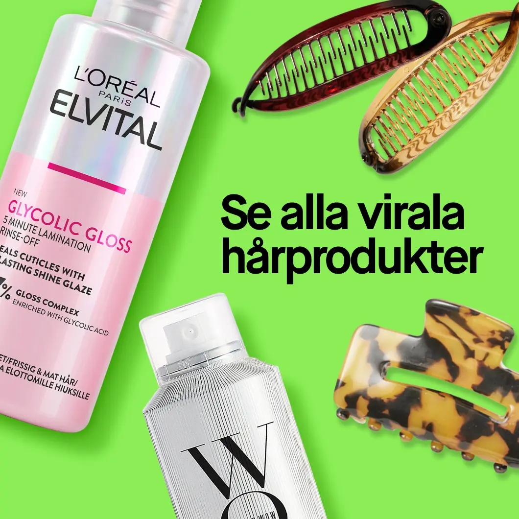 Se alla virala hårprodukter. L’Oréal Paris Elvital Glycolic Gloss 5 Minute Lamination Rinse-Off för glansigt hår, en silvrig hårspray från Color Wow och tre hårklämmor i brunt, guld och sköldpaddsmönster mot en limegrön bakgrund.