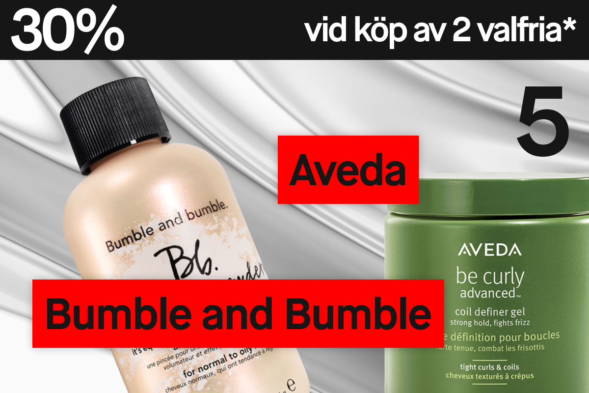 Reklambild med 30 % rabatt vid köp av två produkter från Aveda eller Bumble and Bumble. Till vänster syns en beige flaska från Bumble and Bumble och till höger en grön burk från Aveda mot silverfärgad bakgrund.