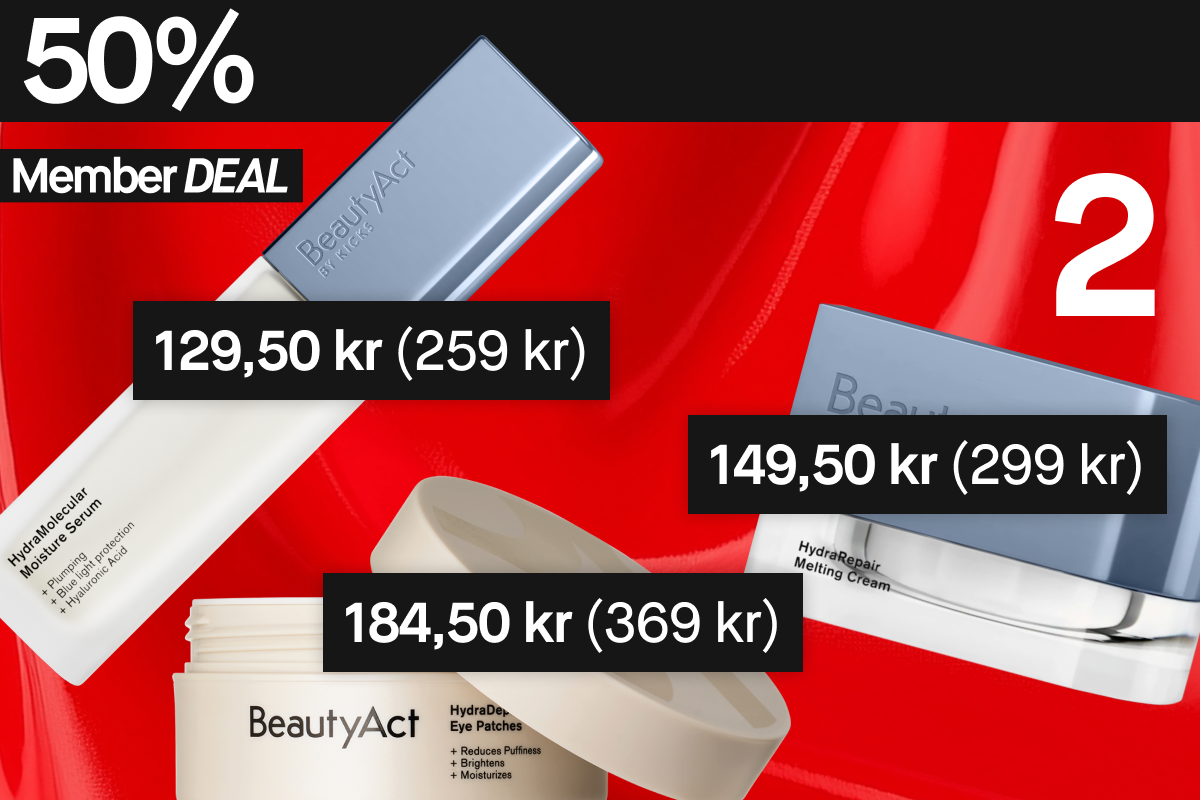 BeautyAct-produkter: HydraMolecular Moisture Serum, HydraRepair Melting Cream och HydraDew Eye Patches. Produkterna är i vita och blå förpackningar.