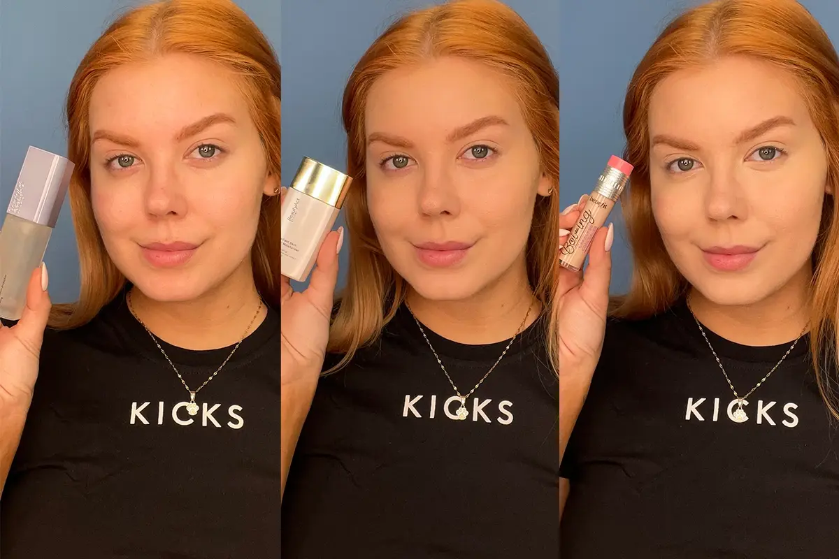 KICKS-medarbetare visar tre steg i en basmakeup – primer, foundation och concealer.