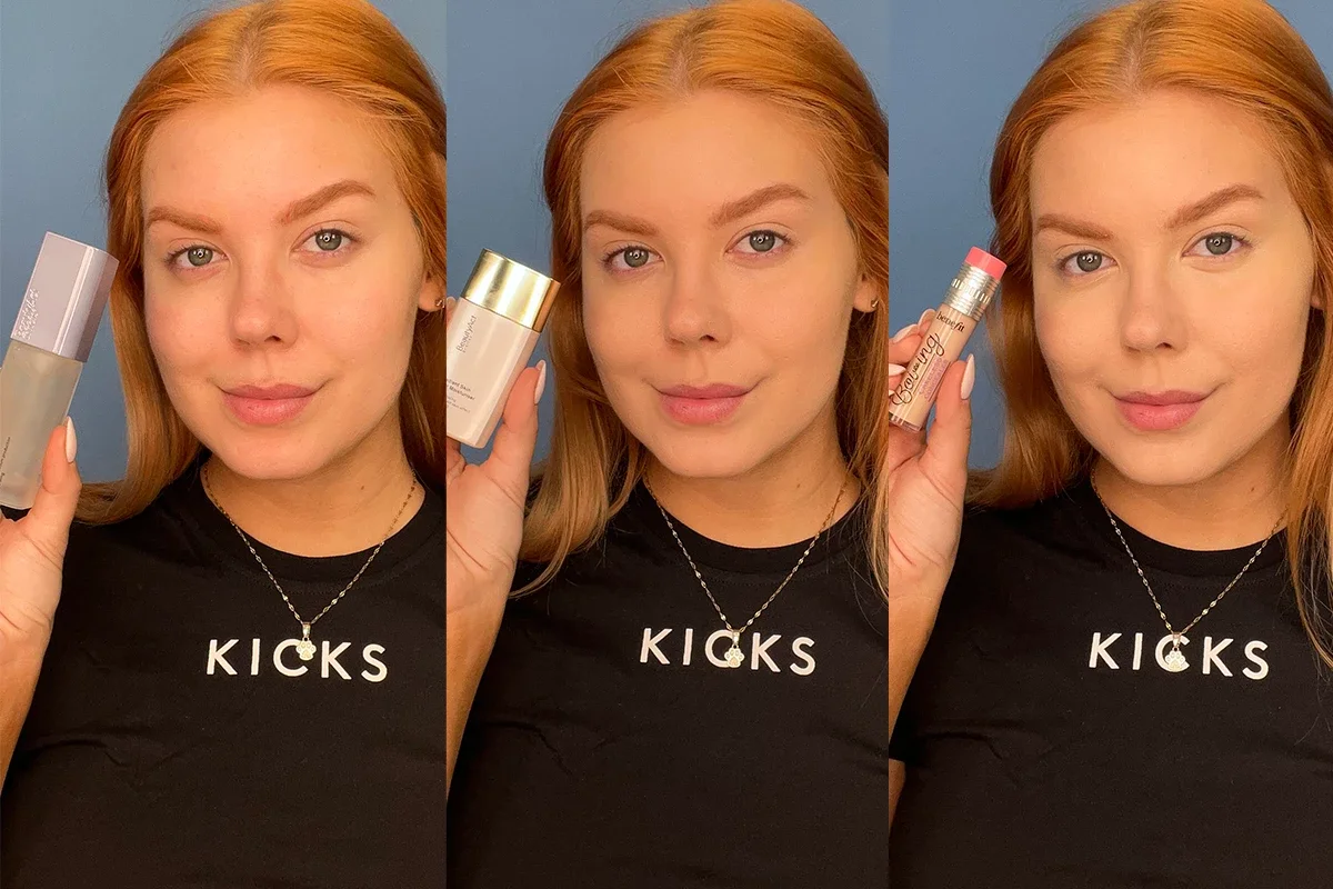 KICKS-medarbetare visar tre steg i en basmakeup – primer, foundation och concealer.