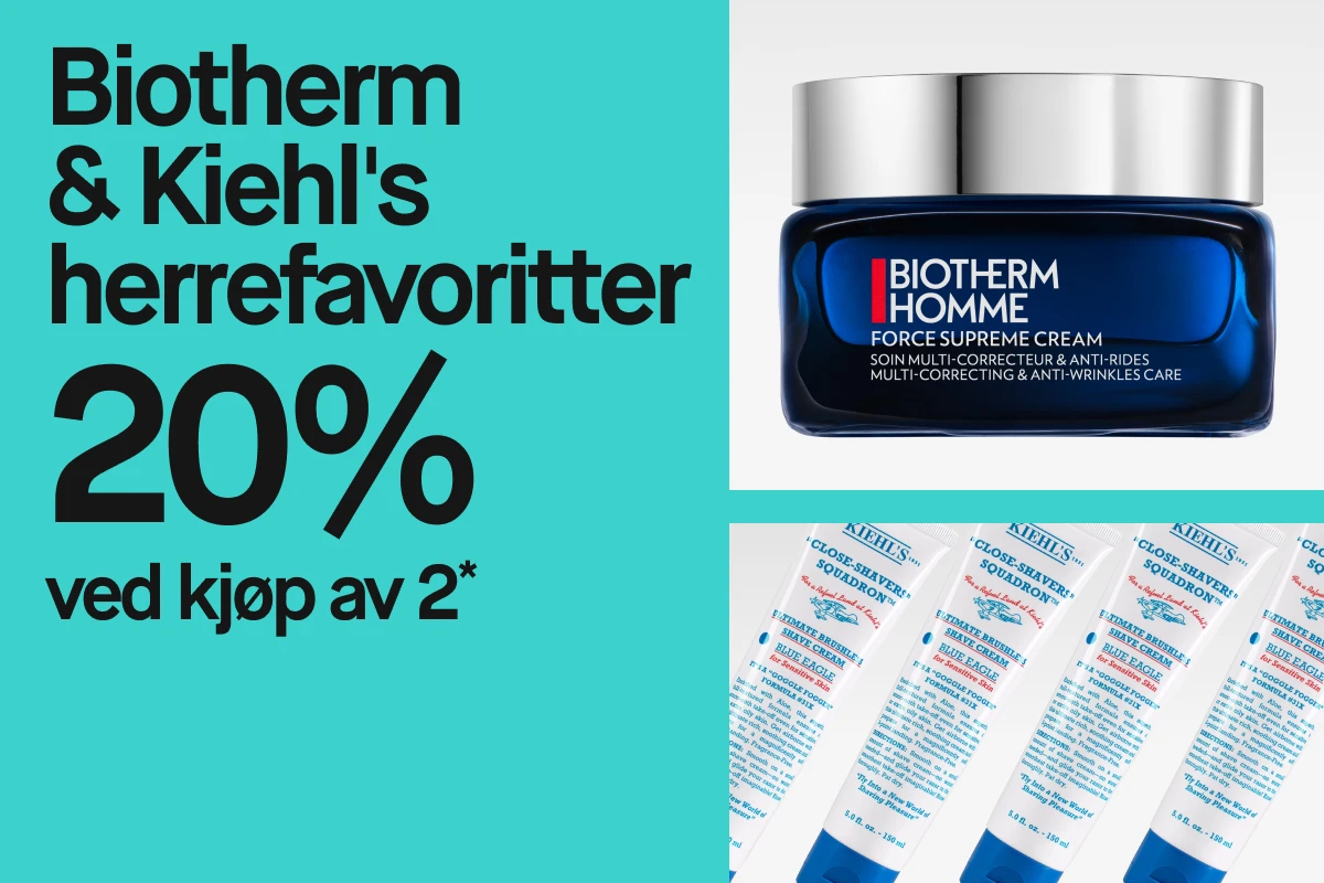 Bilde som viser en reklame for en kampanje med 20% rabatt ved kjøp av to produkter fra Biotherm og Kiehl's herrefavoritter. En blå boks med Biotherm Homme Force Supreme Cream og flere tuber med Kiehl's Ultimate Brushless Shave Cream Blue Eagle for Sensitive Skin er synlige. Bakgrunnen er turkis.