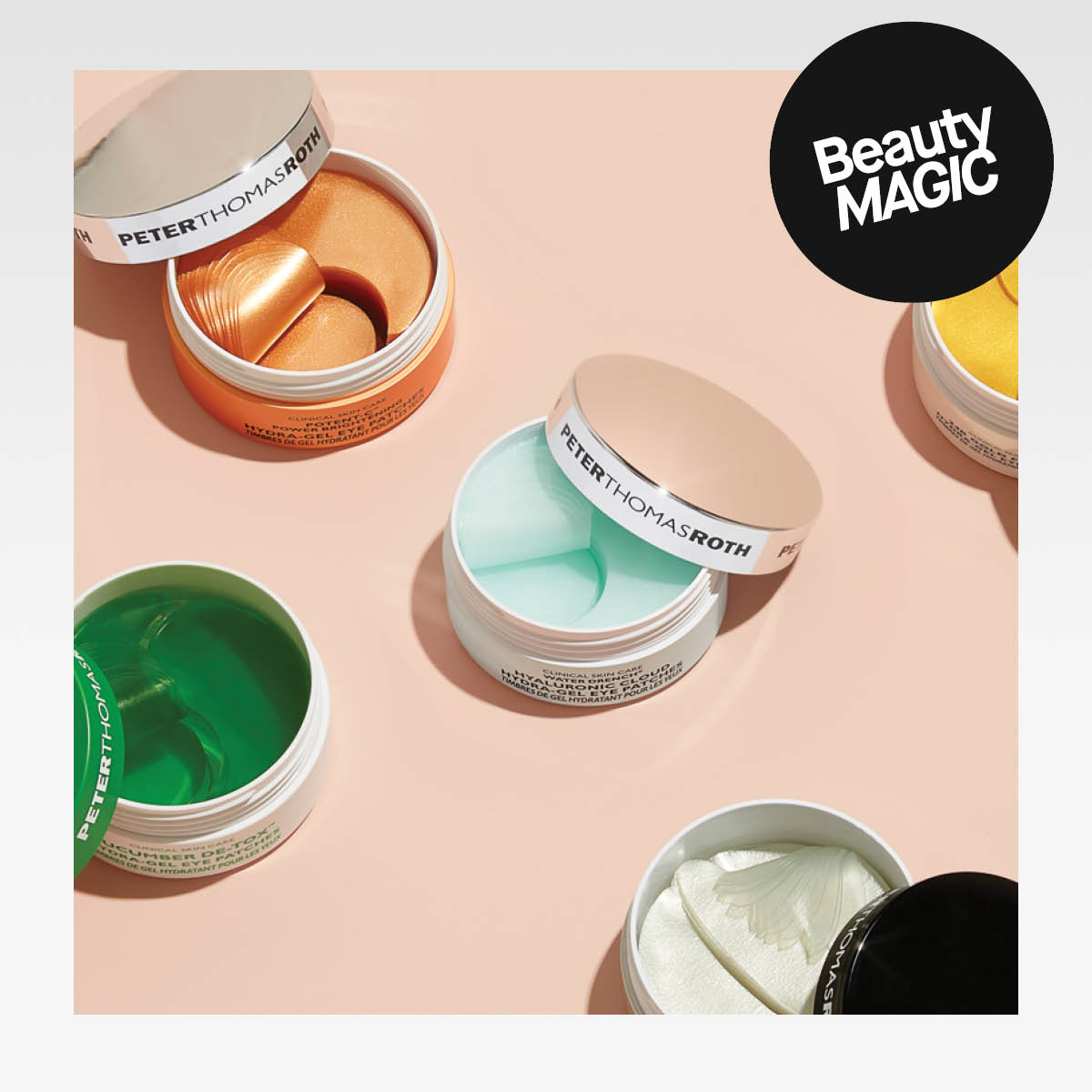 Avoimet purkit, joissa on erivärisiä silmänaamioita Peter Thomas Rothilta vaaleanpunaisella taustalla, sekä tarra, jossa lukee "Beauty Magic"