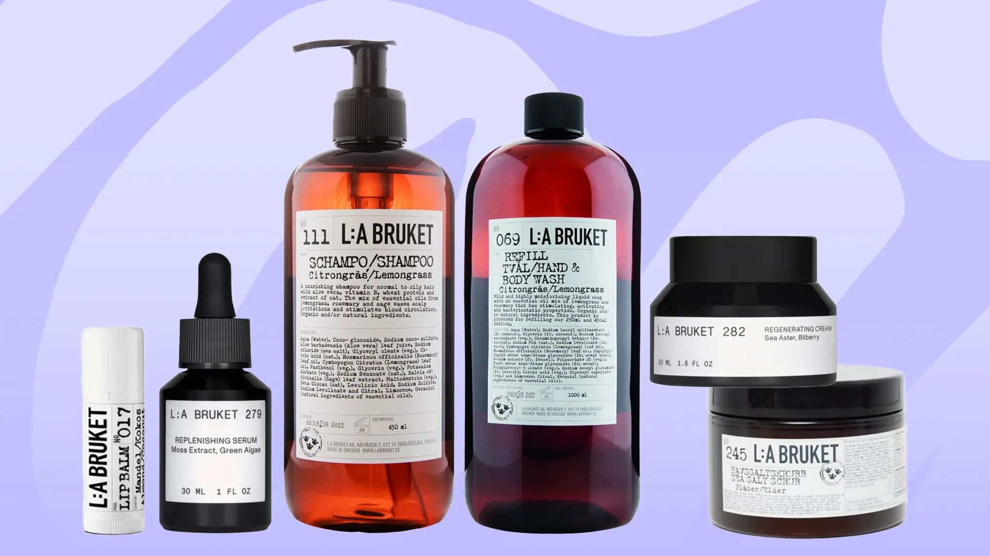 Produkter av L:a Bruket mot en lila mönstrad bakgrund