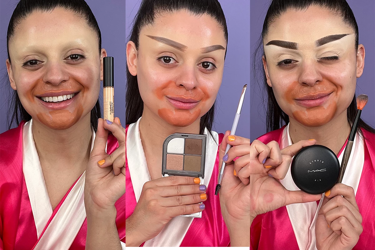 En person med suddat ansikte håller upp olika sminkprodukter mot en lila bakgrund.