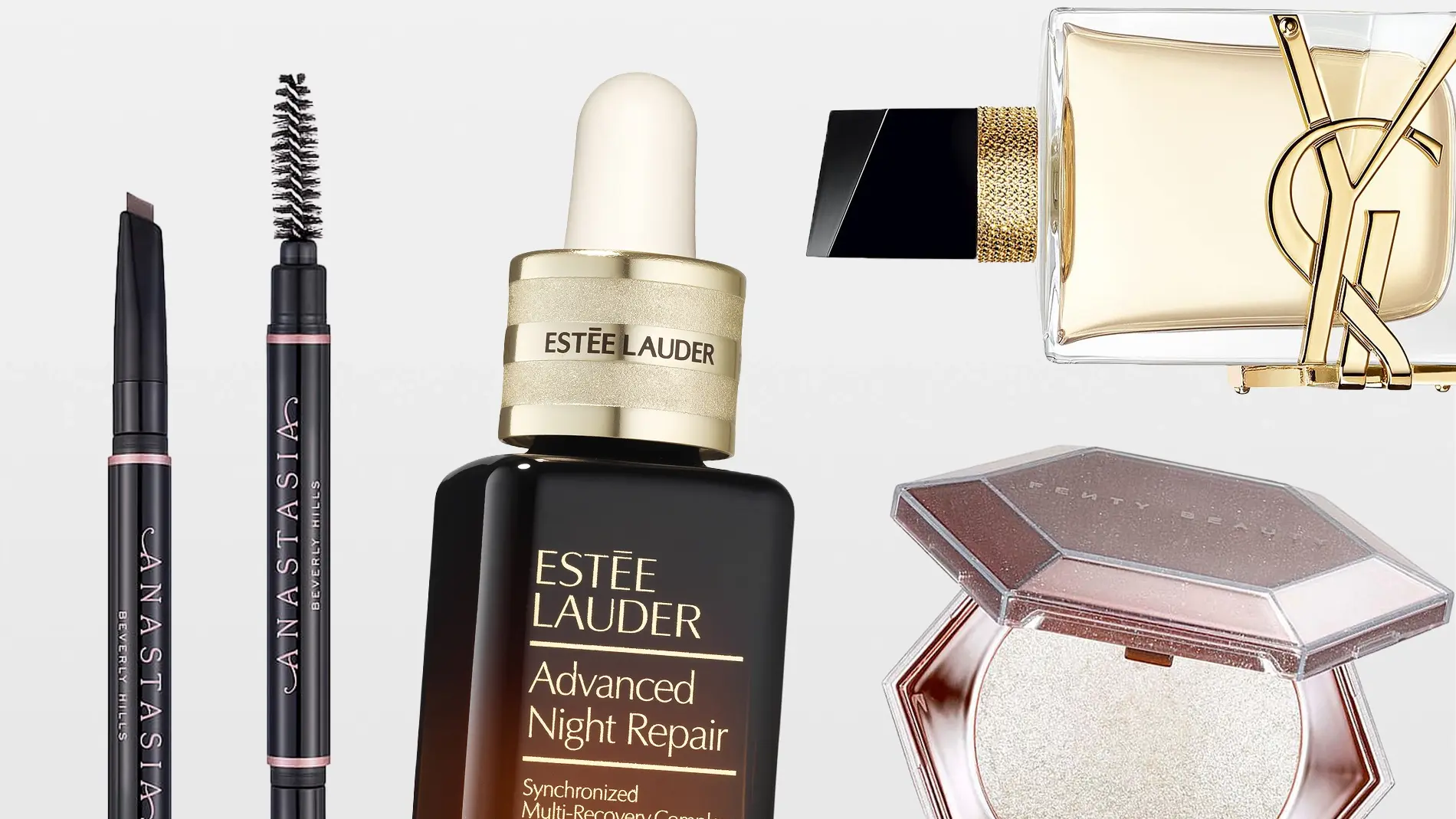 Estée Lauder Advanced Night Repair serum med pipettflaska visas tillsammans med en YSL-parfymflaska med guldfärgad YSL-logotyp och en öppen Fenty Beauty highlighter i skimrande nyans.