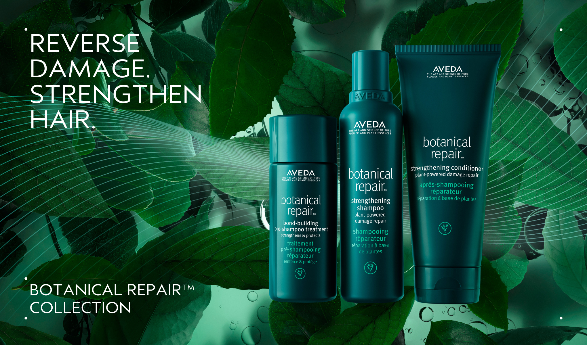 Kolme Aveda Botanical Repair -hiustenhoitotuotepulloa vihreiden lehtien edessä. Kuvassa lukee: "Korjaa vauriot. Vahvista hiuksia. Botanical Repair -sarja".