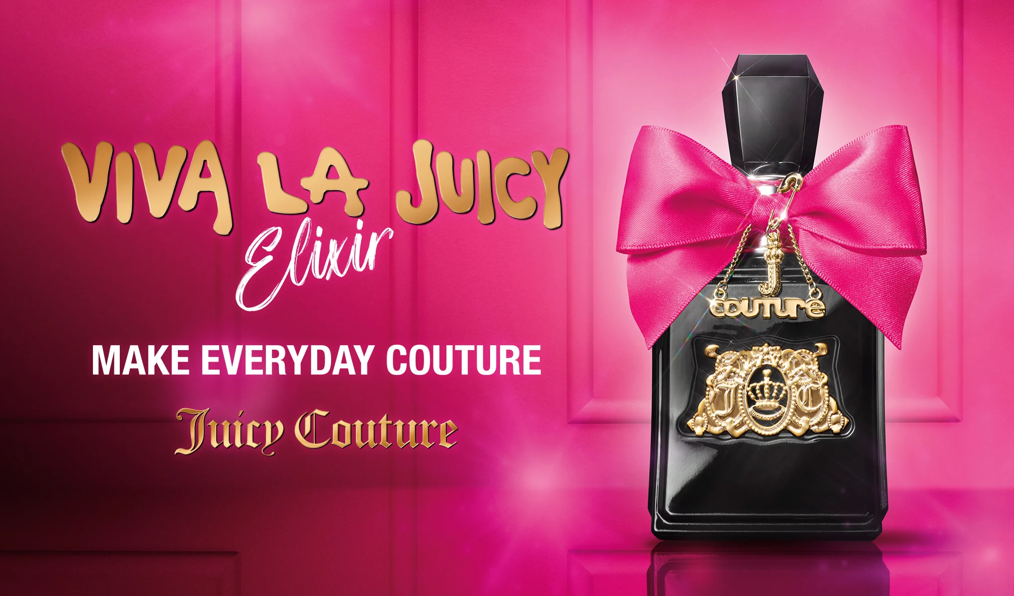 Juicy Couture Viva La Juicy Elixir -hajuvesipullo vaaleanpunaisella taustalla. Kuvassa teksti: ”Make Everyday Couture”.