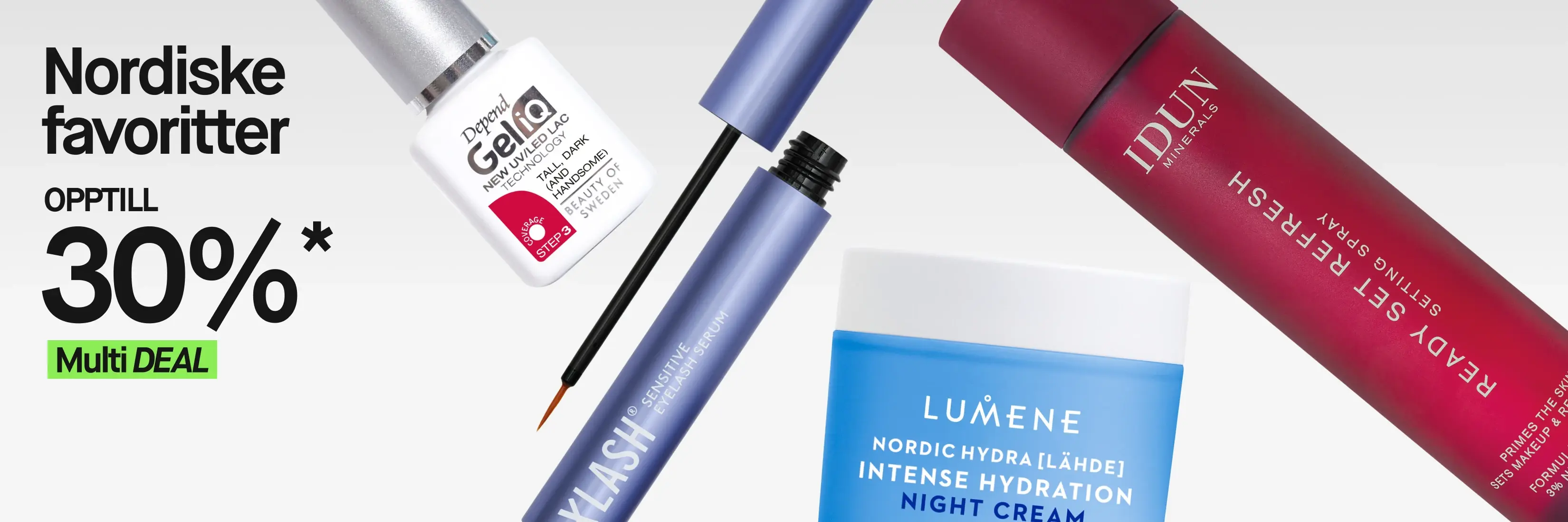 Nordiske favoritter Multi DEAL: Opptil 30% rabatt. Skjønnhetsprodukter som neglelakk, serum, fuktighetskrem og leirmaske.
