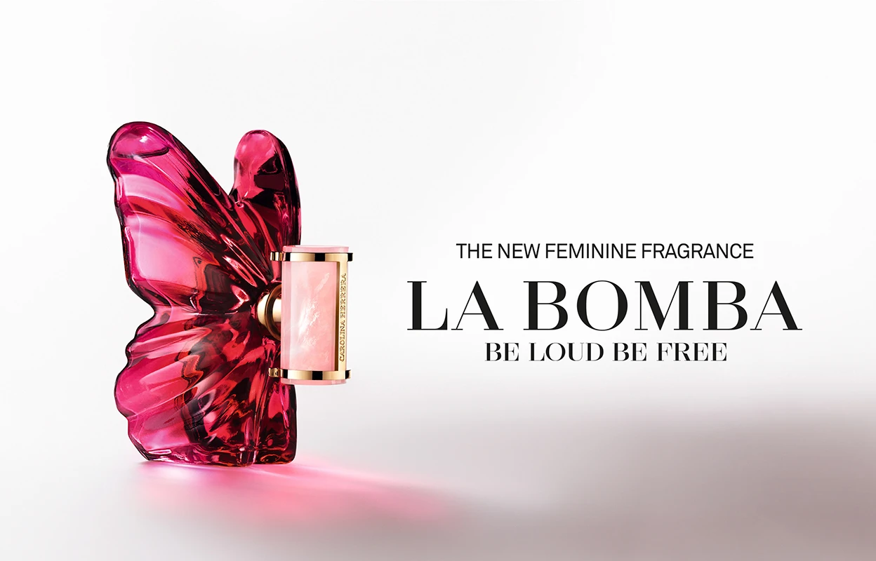 La Bomba-parfymeflaske mot lys bakgrunn, med teksten “The new feminine fragrance La Bomba”.