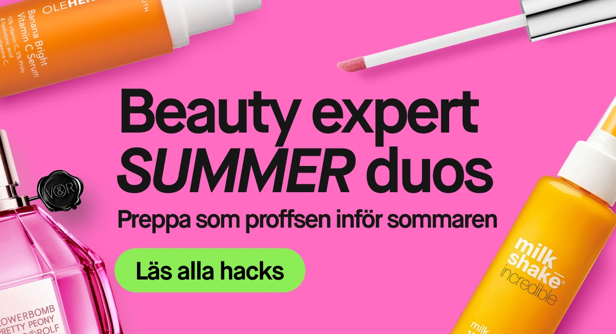 Rosa kampanjbanner med texten “Beauty expert SUMMER duos” och “Preppa som proffsen inför sommaren” samt en grön knapp med “Läs alla hacks”. Produkter som serum från Ole Henriksen, milk_shake hårvård och parfym från Viktor&Rolf visas.
