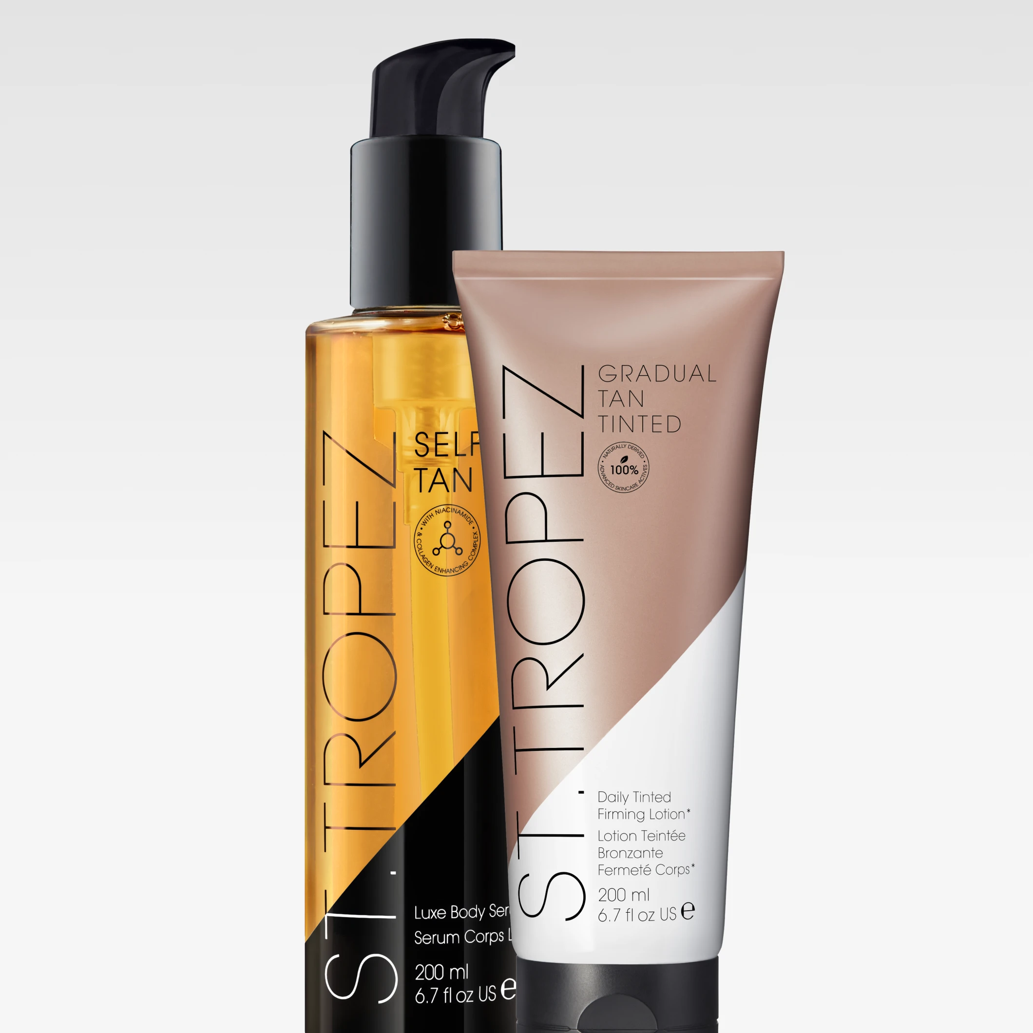 St.Tropez Self Tan Luxe Body Serum 200 ml ja St.Tropez Gradual Tan Tinted Daily Tinted Firming Lotion 200 ml.