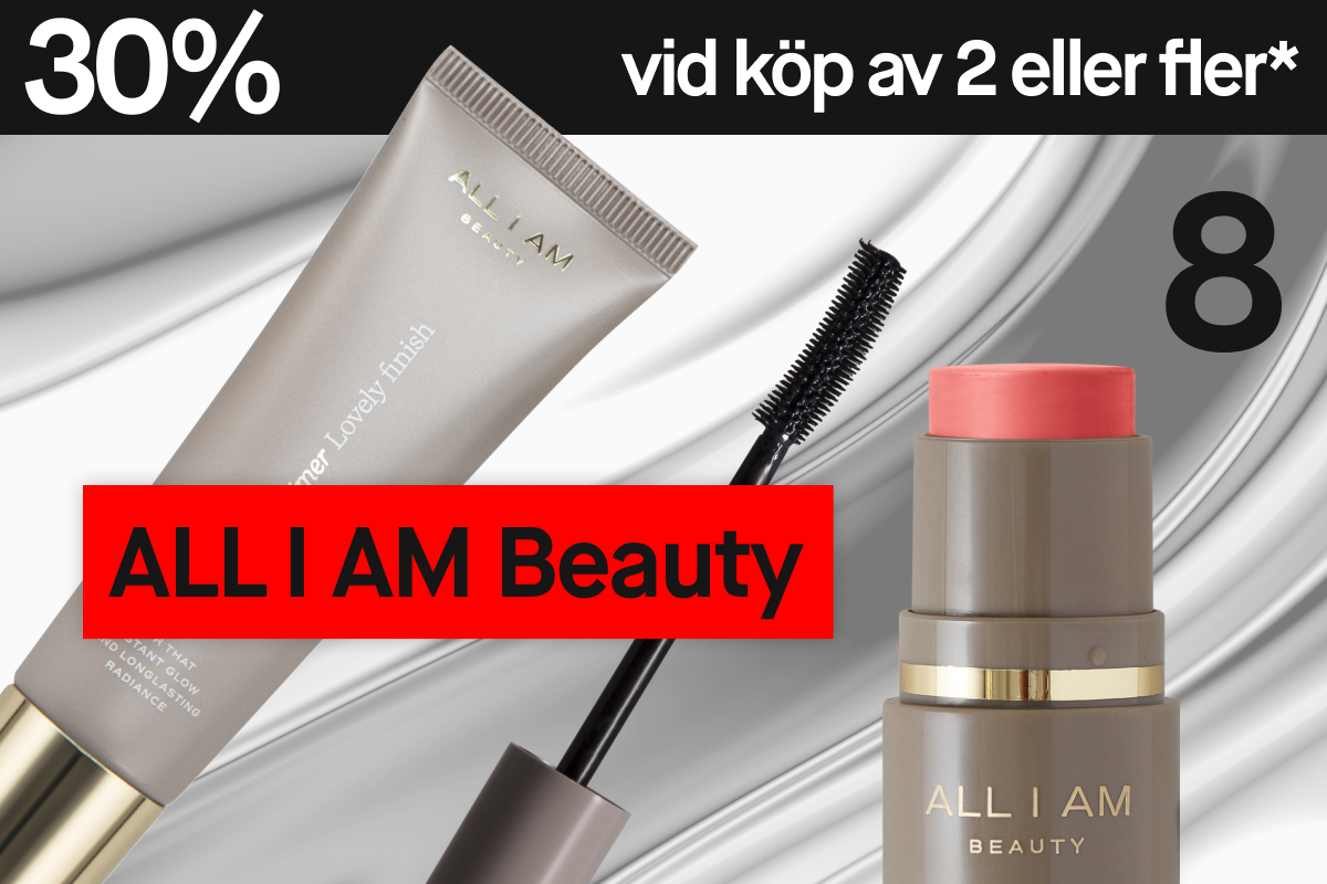 Bild som visar en reklam för en kampanj med 30% rabatt vid köp av två produkter från ALL I AM Beauty. En grå tub med ALL I AM Beauty Primer Lovely Finish, en svart mascara borste, och en grå flaska med ALL I AM Beauty blush är synliga. Texten "ALL I AM Beauty" är synlig i en röd rektangel. Bakgrunden är grå med vita detaljer.