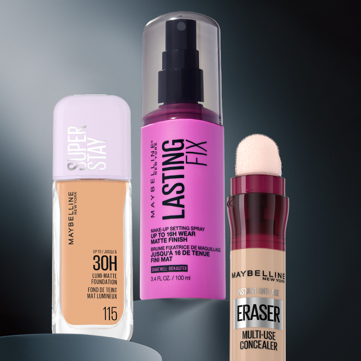 Kolme Maybelline-meikkituotetta tummaa taustaa vasten.