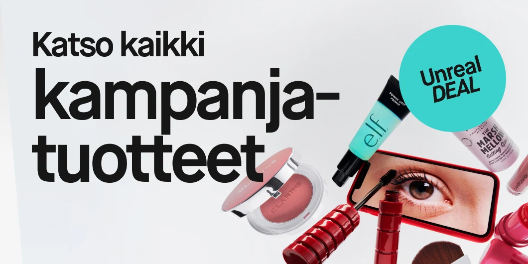 Mainosbanneri, jossa lukee ‘Katso kaikki kampanjatuotteet’ ja ‘Unreal DEAL’. Kuvassa näkyy erilaisia meikkituotteita, kuten poskipuna, primer, ripsiväri ja sivellin.