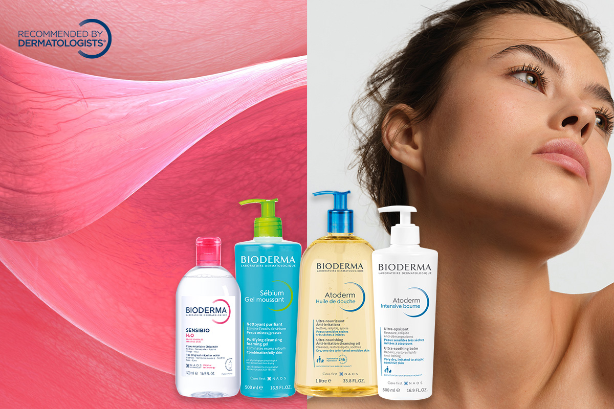 Fyra hudvårdsprodukter från Bioderma visas längst ner. Den högra sidan visar en kvinna med frisk hud som tittar uppåt.