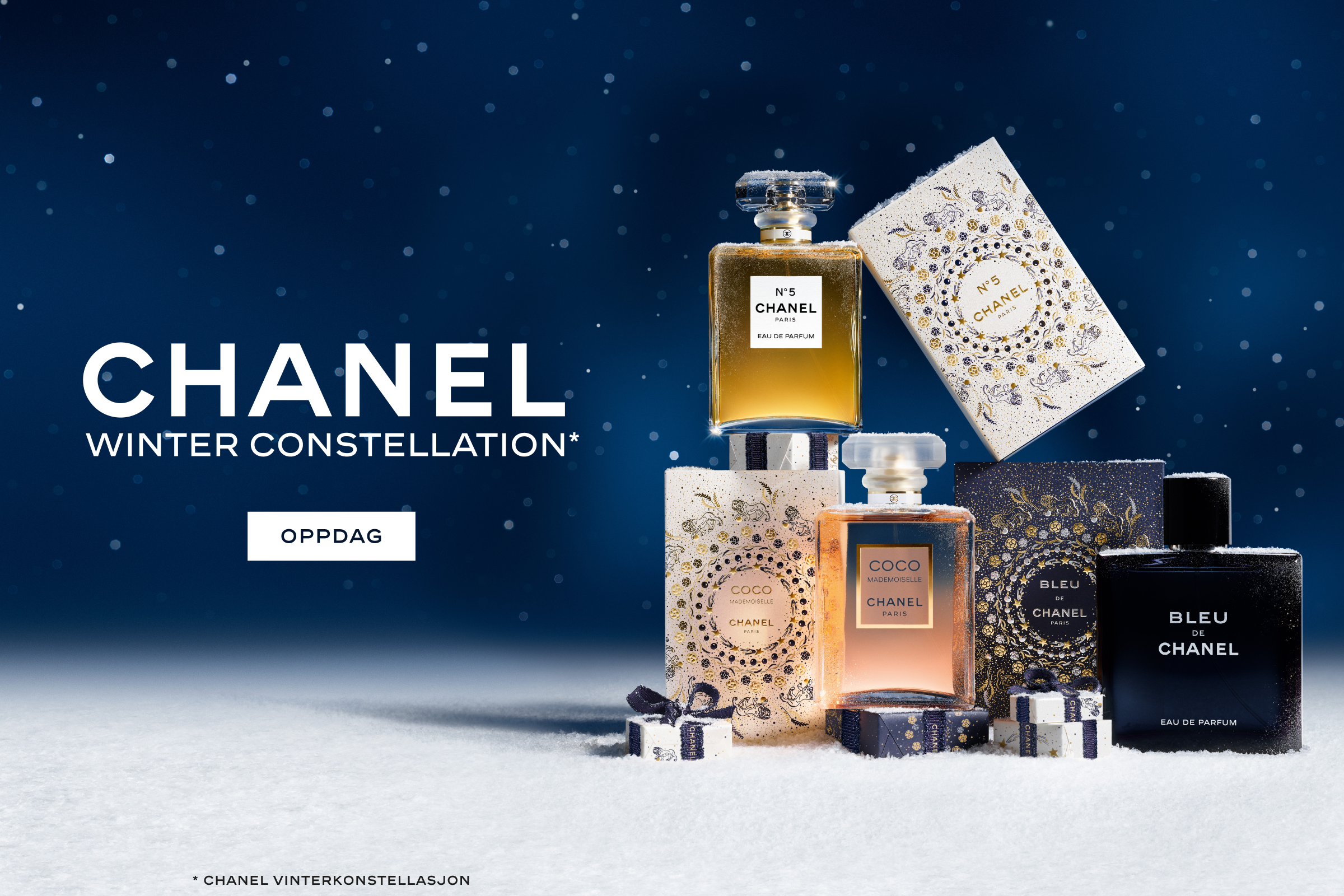 produkter fra chanel i vinterligeomgivelser står mot en midnattsblå bakrgunn