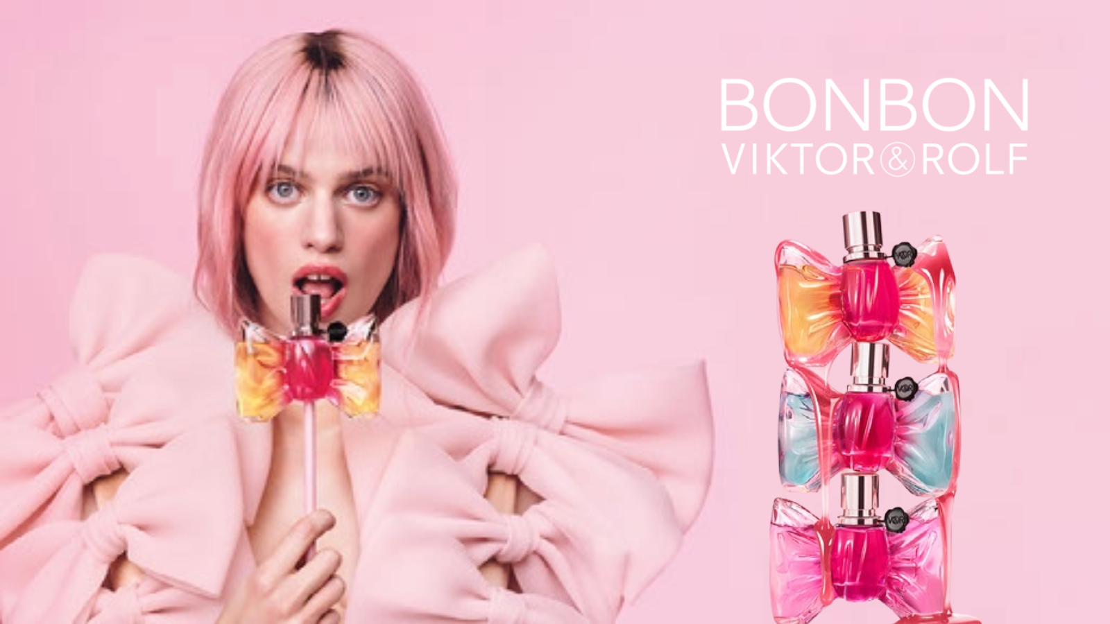 Kolme Viktor&Rolf Bonbon -hajuvesipulloa on pinottu päällekkäin vaaleanpunaista taustaa vasten. Pulloissa on rusetin muotoinen design vaaleanpunaisen, oranssin ja vaaleansinisen sävyissä, ja kuvassa näkyy teksti: "BONBON" ja "VIKTOR&ROLF".