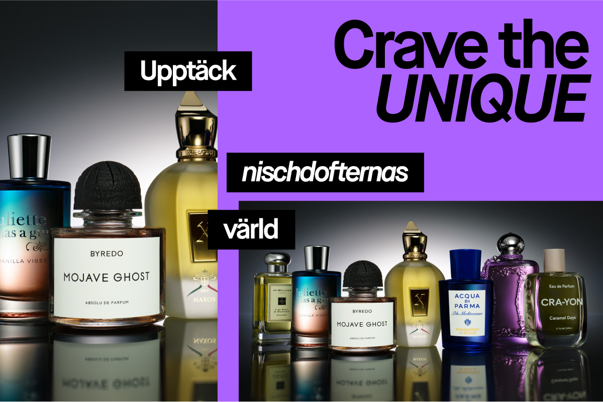 En samling av nischparfymer med texten "Upptäck nischdofternas värld" och "Crave the UNIQUE".
